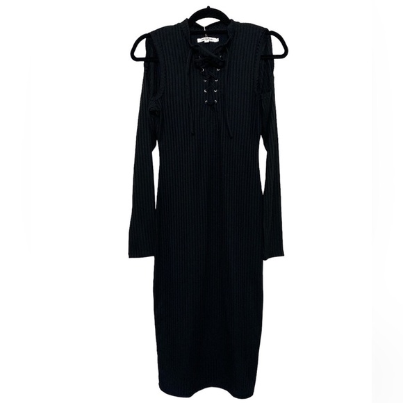 AVEC LES FILLES Anthropologie LACE UP BLACK MIDI DRESS SIZE S - Picture 2 of 11